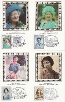 1990-08-02 Queen Mother 90th x4 Benham Cards FDC (80963)