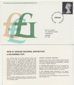 1972-12-06 £1 Definitive Stamp Bureau FDC (84762)
